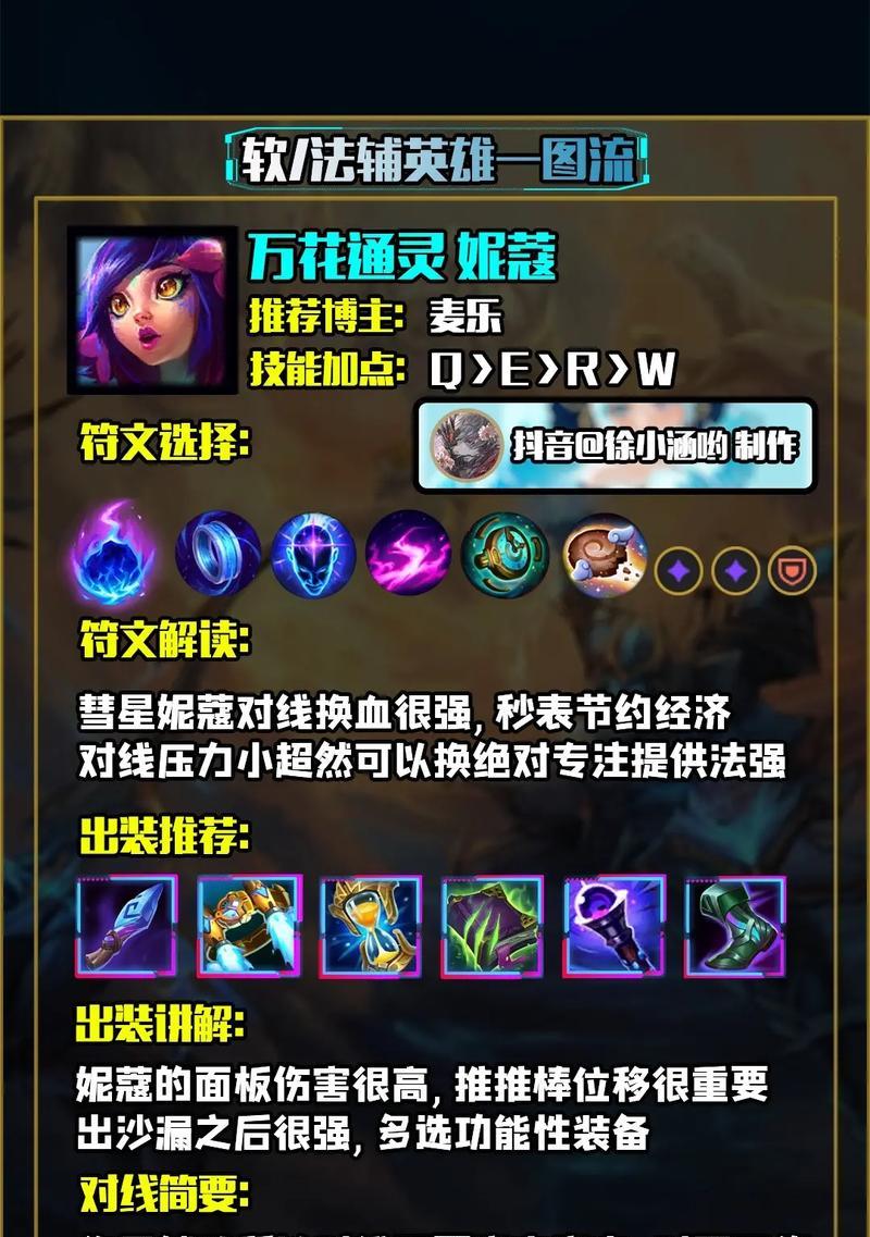 《联盟辅助妮蔻出装攻略——发挥她的辅助优势》（以技能和装备为基础，助力战队取胜）